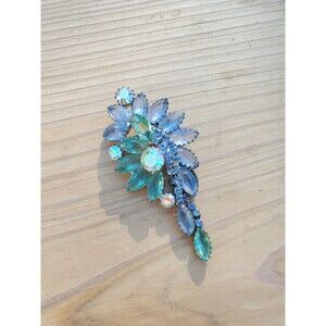 Vintage Weiss Blue Green Rhinestone Silver Tone Brooch W/ Dangles Unsigned